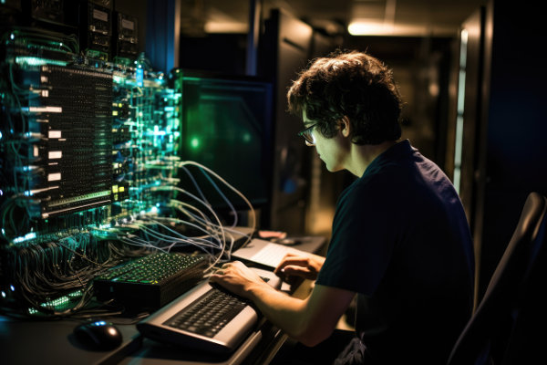 Technician at desk with wires protruding everywhere