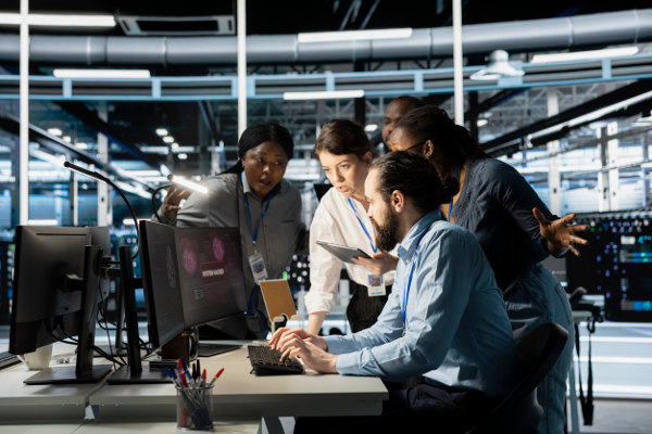 Engineers collaborating as a team around a desktop computer