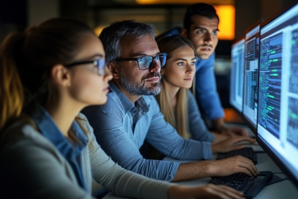 Multiple developers reviewing code on monitors