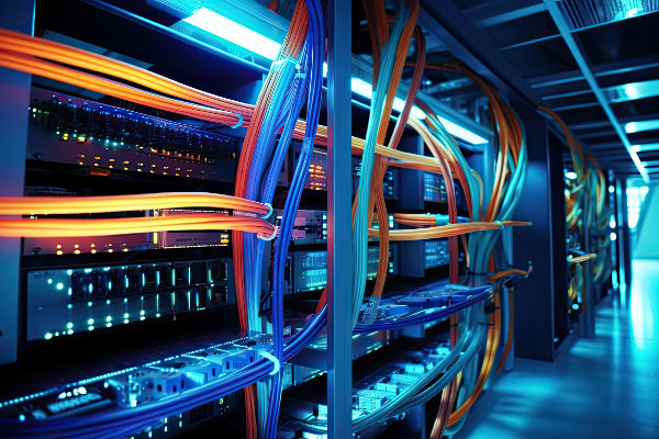High-tech server room with blue- and orange-colored cables