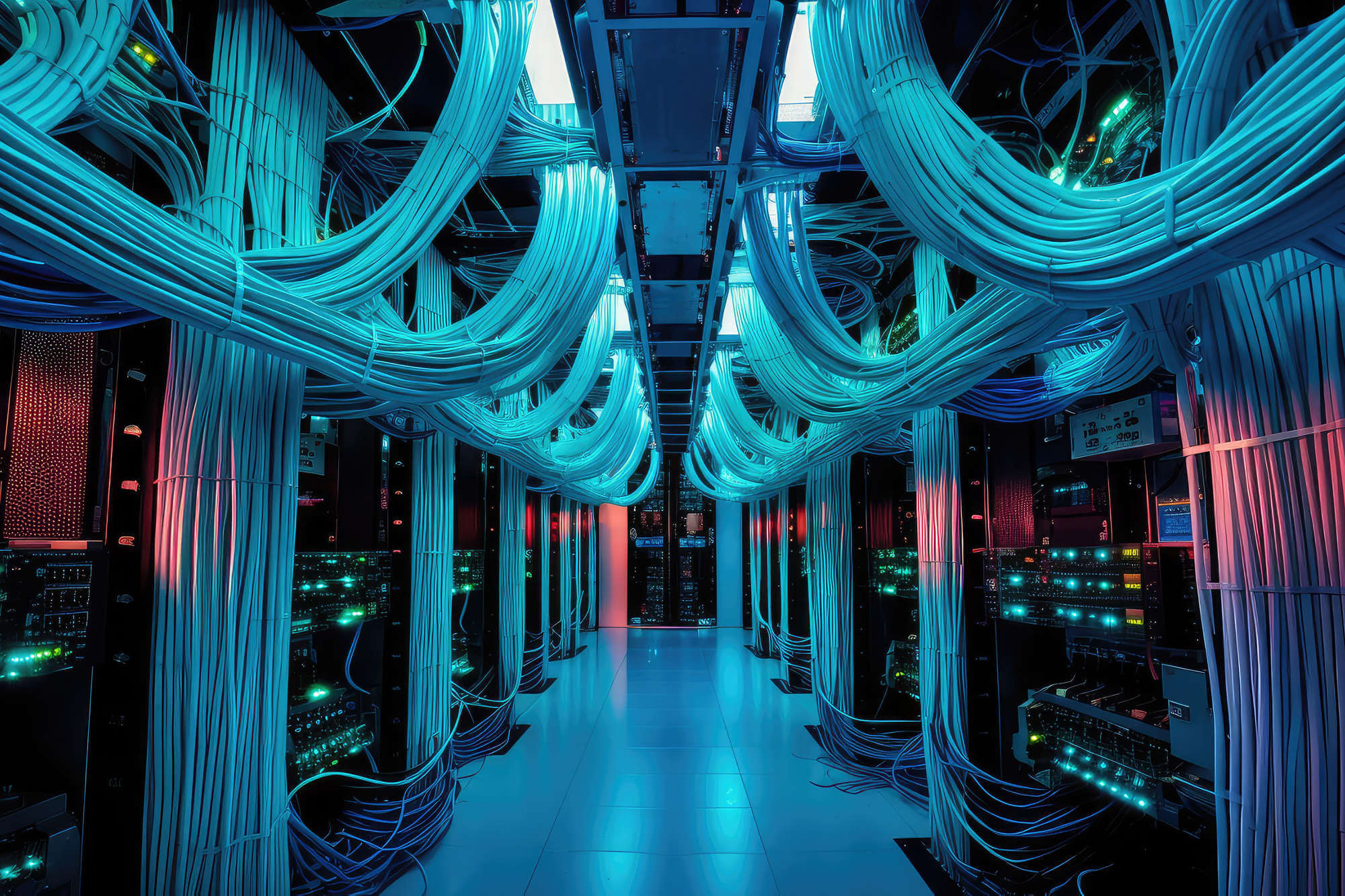 Server room with glowing blue and red LED lights, and neatly organized cables